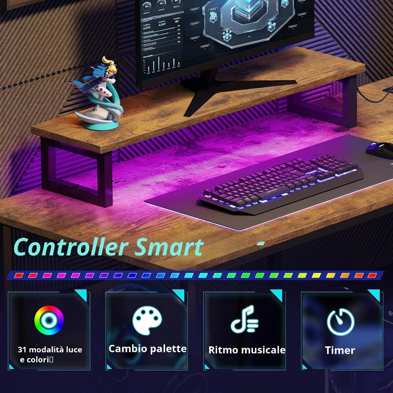Scrivania angolare a L con LED RGB, ripiani aperti, alzata monitor ergonomica, 122x80x87,5 cm, Marrone