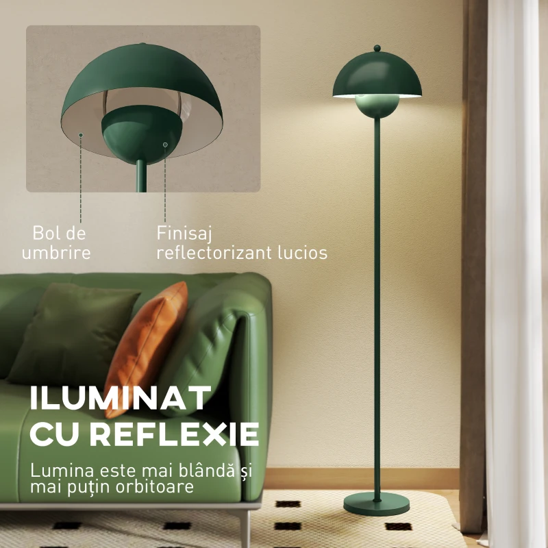 HOMCOM Lampă de Podea cu Abajur Semicircular și Comutator cu Pedală, din Oțel, Ø30x155 cm, Verde