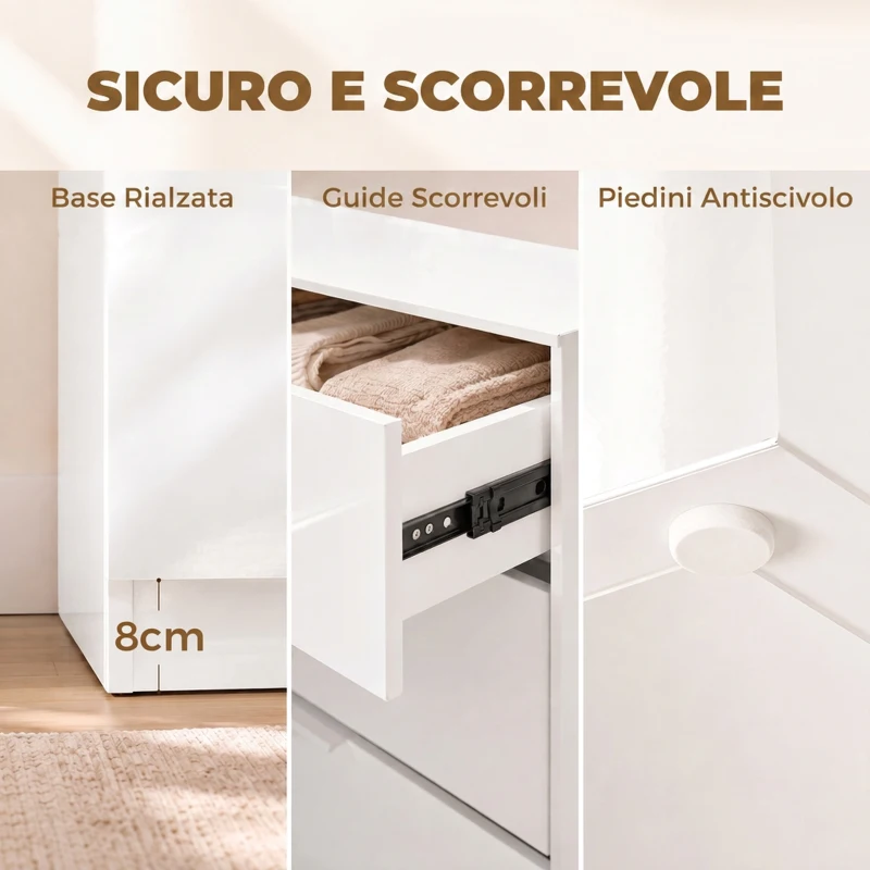 HOMCOM Cassettiera 4 Cassetti Moderna con Guide Scorrevoli, 70x34x79 cm, Bianco Lucido