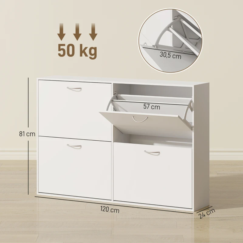 HOMCOM Mueble Zapatero Blanco Zapatero Moderno con 4 Cajones Abatibles para 16-24 Pares de Zapatos para Pasillo 120x24x81 cm