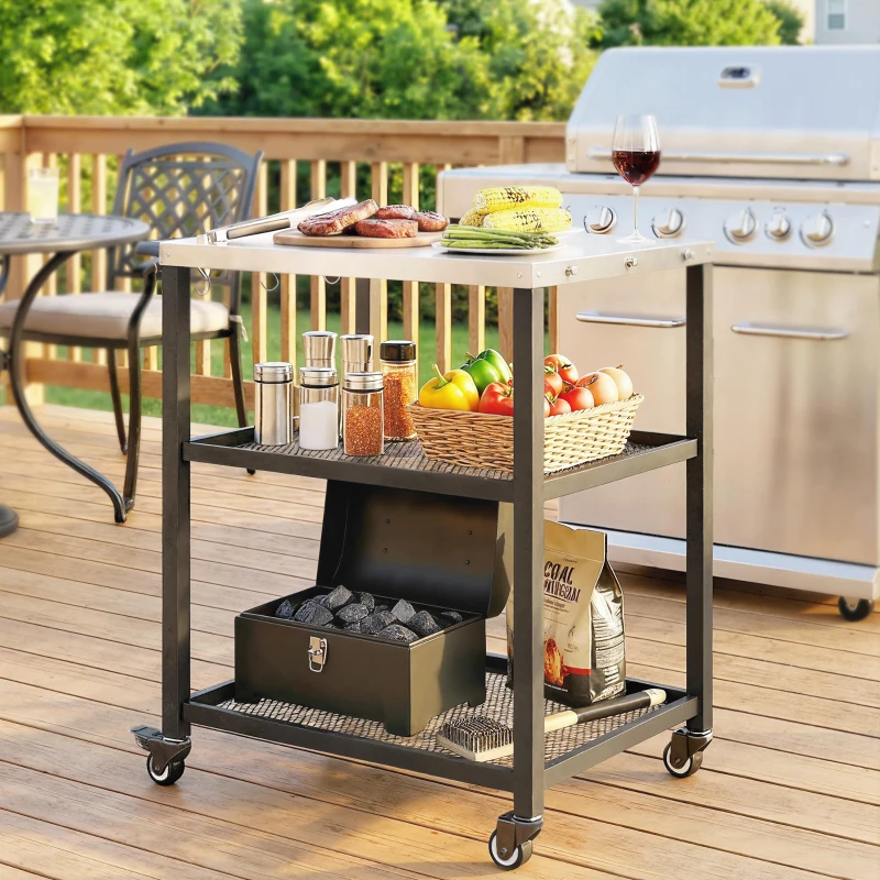 Outsunny Grillwagen 3-laags serveerwagen met verstelbaar werkblad, planken, haken en wielen 77 x 51 x 80 cm Zwart