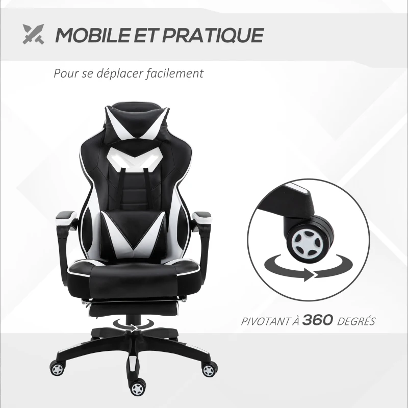 Vinsetto Chaise gaming Ergonomique, Fauteuil de Bureau confortable avec Repose-Pied, Appuie-Tête et coussin lombaire, Hauteur Réglable, noir et blanc