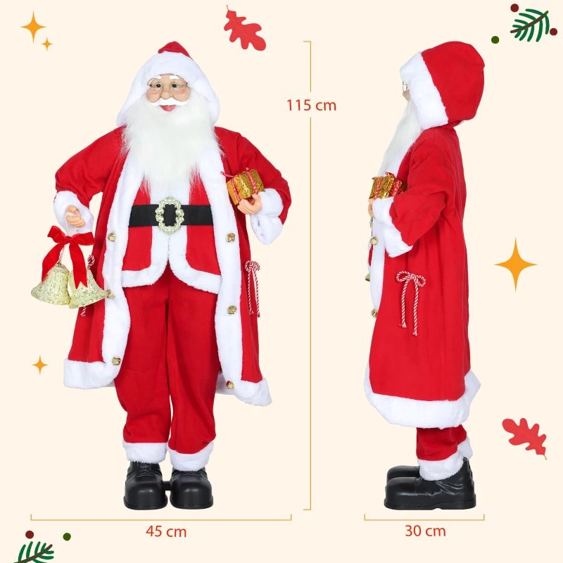 HOMCOM Kerstman 1,15 m staande Kerstman met cadeau- en Kerstklok Indoor, Rood