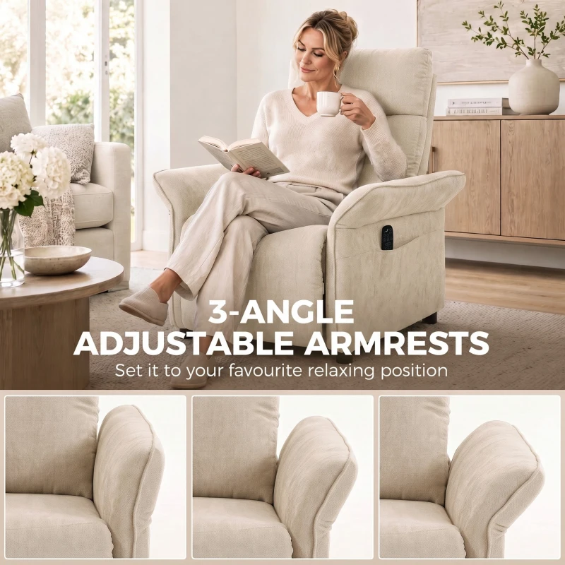 HOMCOM Recliner Armchair, Push Back Recliner Chair with Massage & Heat, Adjustable Armrests, Dual Side Pockets, Beige