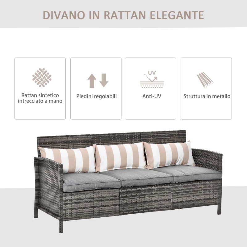 Outsunny Divanetto da Esterno 3 Posti in Rattan PE, Divano da Esterno con Cuscini Imbottiti e Removibili, per Terrazzo, Patio e Giardino, 173x68x78 cm, Grigio