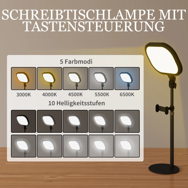 HOMCOM LED-nachtkastlamp, 10 dimstanden, 5 kleurtemperaturen, geheugenfunctie, metaal, zwart