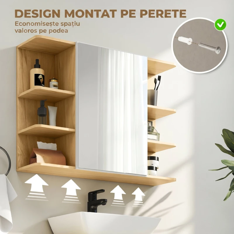 HOMCOM Dulap de Baie cu Oglindă cu 2 Rafturi și 6 Compartimente Deschise, 80x20x59 cm, Lemn