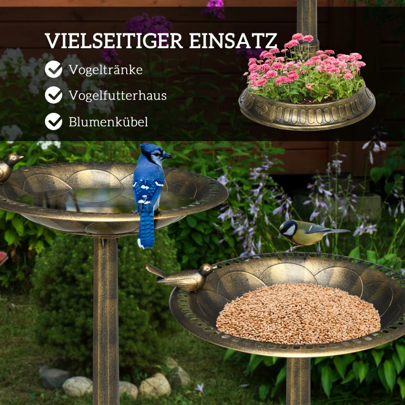 Outsunny Vogelbad met Beeldje, Bloemenpatroon, 2 Bassins, Kunststof, Antieke Look, 50B x 72H cm, Bronskleurig