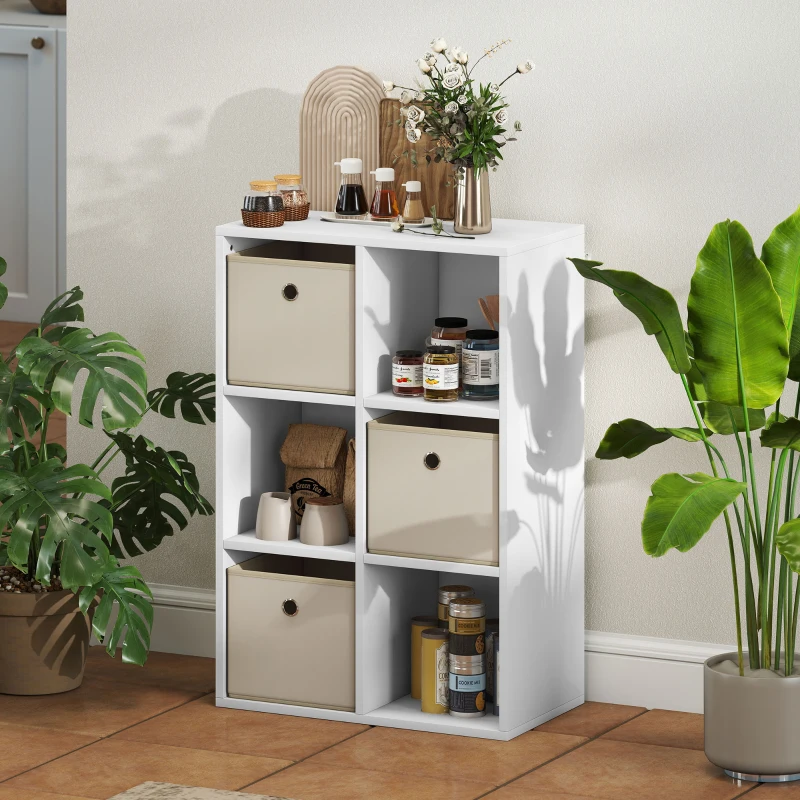 HOMCOM Estantería Cubo de Almacenamiento con 6 Compartimentos y 3 Cajones de Tela para Salón 53,7x30x79,8 cm Blanco y Beige