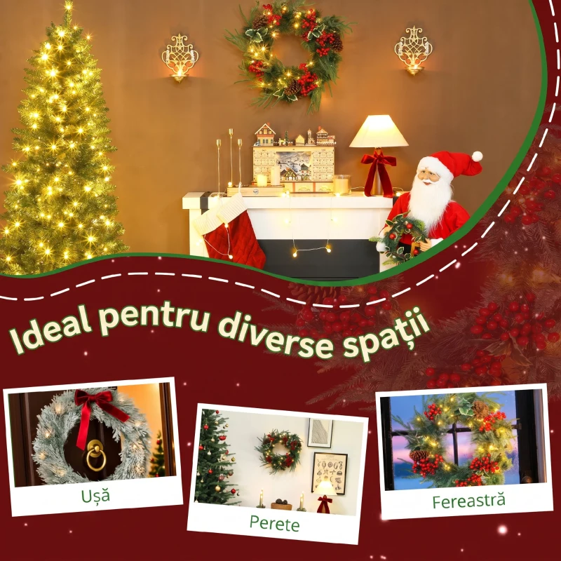 HOMCOM Ghirlandă de Crăciun de 60 cm cu lumini LED albe, timer, conuri, boabe și frunze de ilex, verde