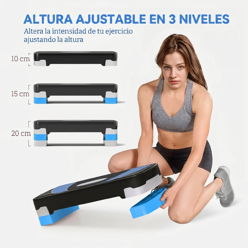 HOMCOM Step de Aeróbic, Step para Fitness Antideslizante con Altura Regulable 3 Niveles de 10/15/20 cm, Tabla Plataforma Stepper para Ejercicio en Casa Gimnasia, Carga 150 kg 80x31x20 cm, Azul