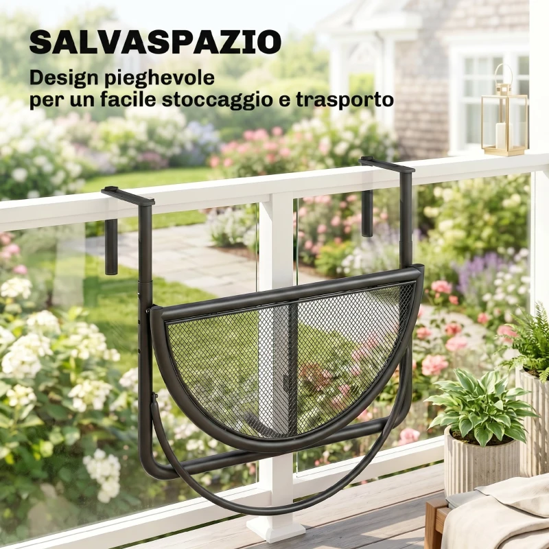 Outsunny Tavolino da Ringhiera Pieghevole con 3 Altezze Regolabili in Metallo, 60x45x50cm, Nero