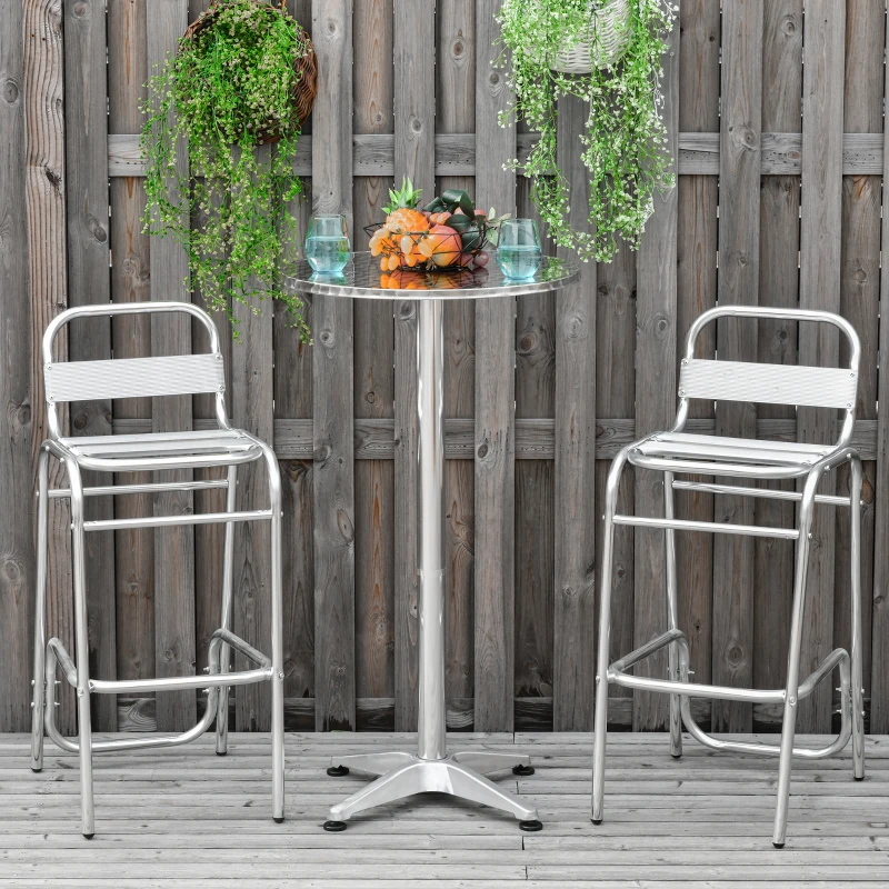 Outsunny Set Tavolino Alto con 2 Sgabelli da Bar, Arredamento da Giardino in Alluminio e Acciaio Colore Argento