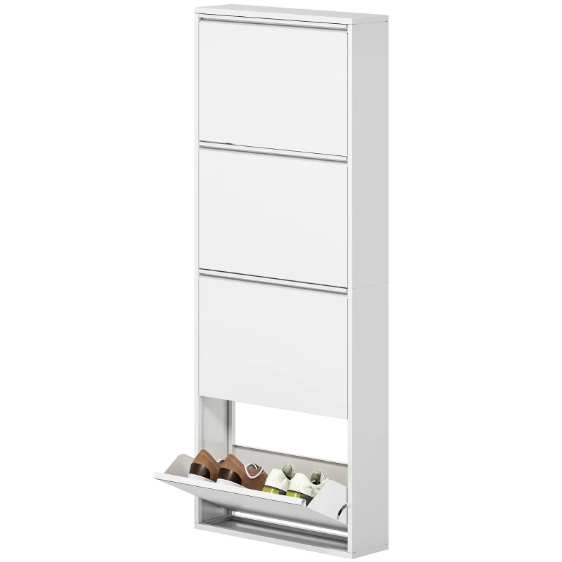 HOMCOM Smalle Metalen Schoenenkast voor Maximaal 8 Paar Schoenen, 4 Klaplades, voor Hal en Entree, Wit(m-10)