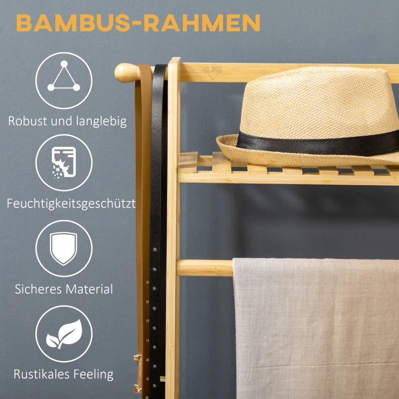HOMCOM Bamboe Kapstok, 2 Kledinghaken, Kledingstang, 2 Planken, 114 x 40 x 139 cm