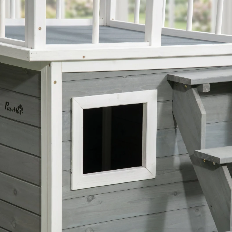 PawHut Cusca de exterior pentru caini cu balcon, scari, Cusca pentru caini rezistenta la intemperii cu picioare inaltate, ferestre, pentru caini de talie mica si medie