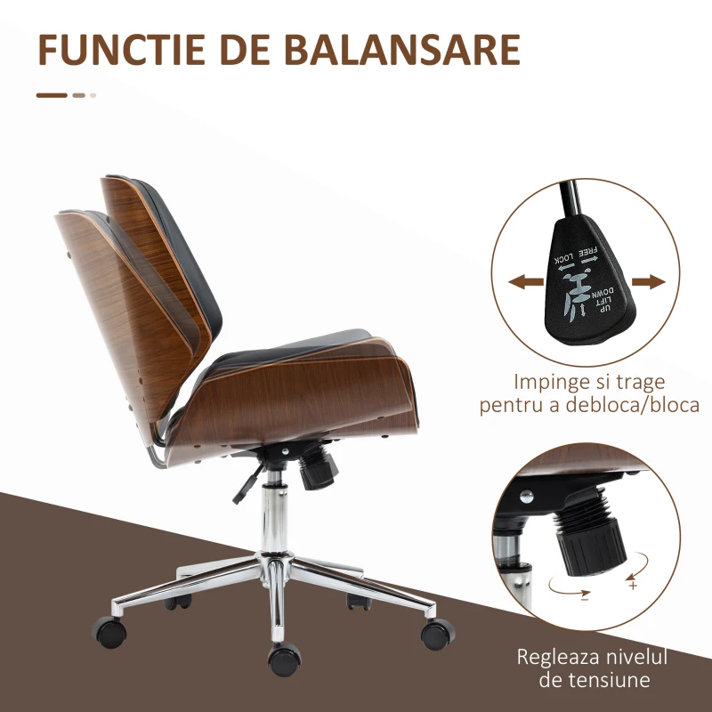 Vinsetto Scaun de Birou Vintage Tapițat, din Piele Ecologică, Lemn și Oțel, 53x60x86-96 cm, Negru și Maro Închis