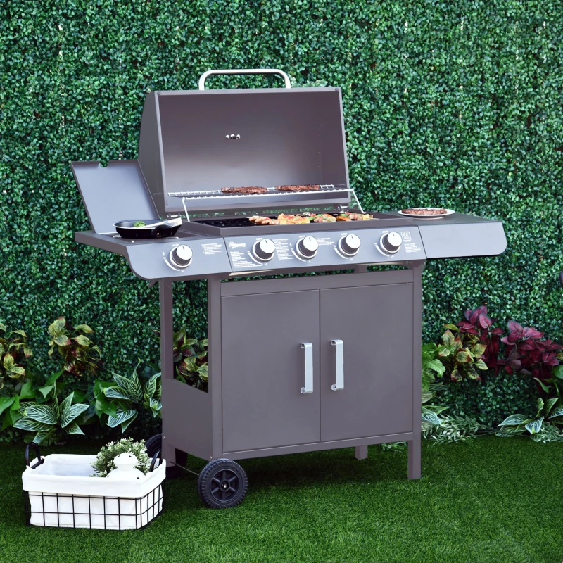 Outsunny 4+1 Burner Gas BBQ Grill, Outdoor Barbecue Trolley with Wheels, Warming Rack, Side Shelves, Cabinet, Thermometer for Garden, Party, Camping, 125W x 51D x 100Hcm, Grey