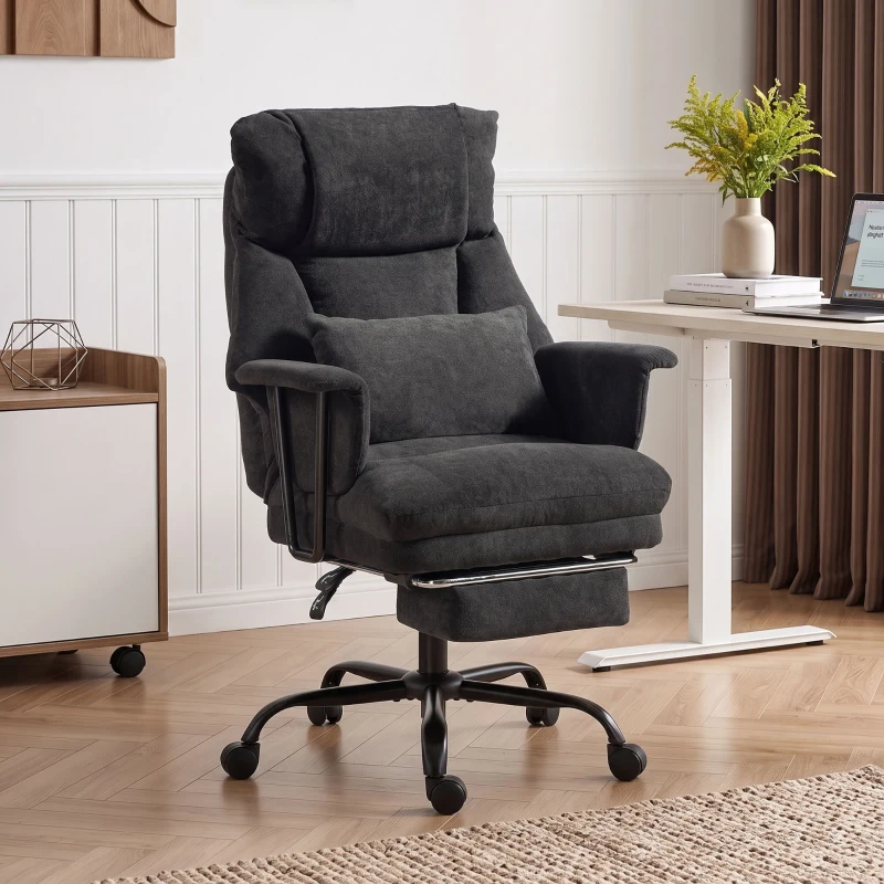 HOMCOM Office Chair, 180kg Heavy Duty Linen Computer Desk Chair with Lumbar Support, Wide Seat, Spring Cushion, Black