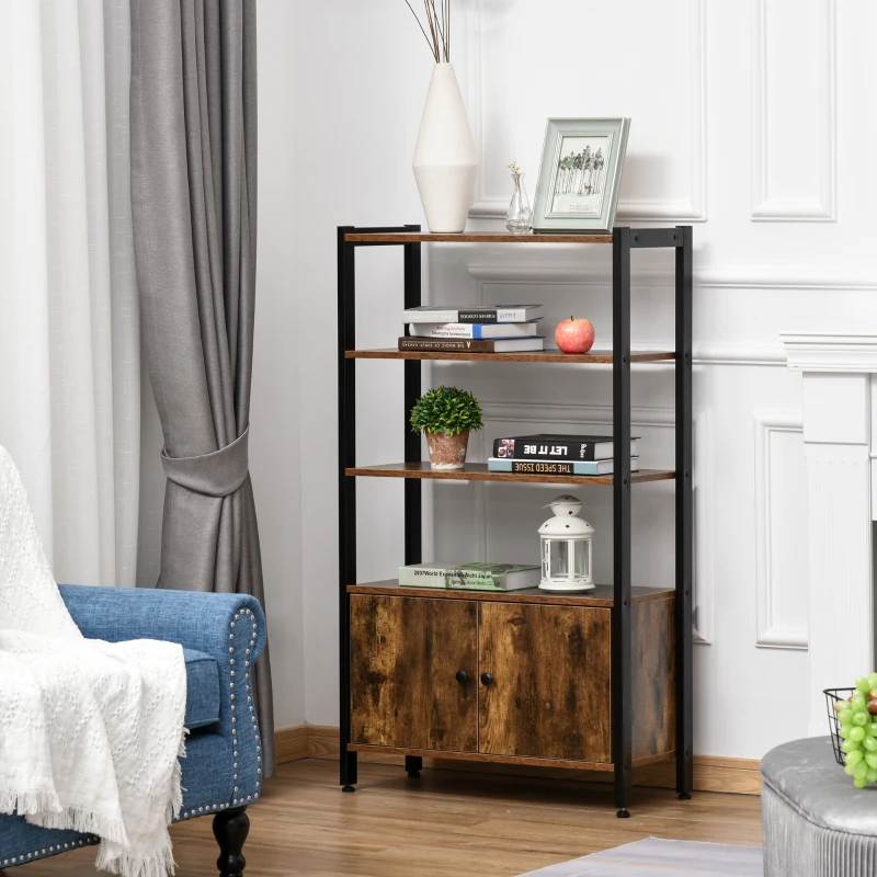 HOMCOM Libreria Moderna Stile Industriale con 3 Mensole e Armadietto a 2 Ante Casa e Ufficio, Legno e Metallo, Marrone Rustico, 70x30x120cm