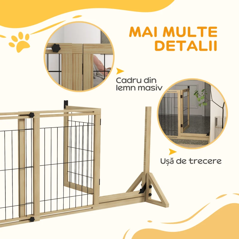 PawHut Poartă pentru Câini Extensibilă cu Ușă și 2 Panouri, Baze Triunghiulare, 112-159x70 cm, Lemn Natural