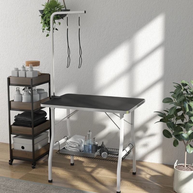 PawHut Hondentrimtafel met verstelbare arm, opbergvak, antislip rubberen oppervlak, 90 x 60 x 76 cm, Zwart
