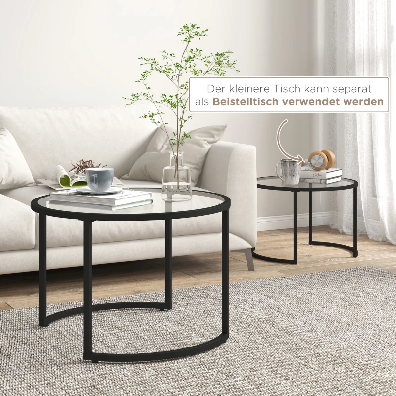 HOMCOM 2-delige Bijzettafels Salontafels Industrieel Design, Glazen Tafels, stapelbaar, Zwart + Transparant(m-5)