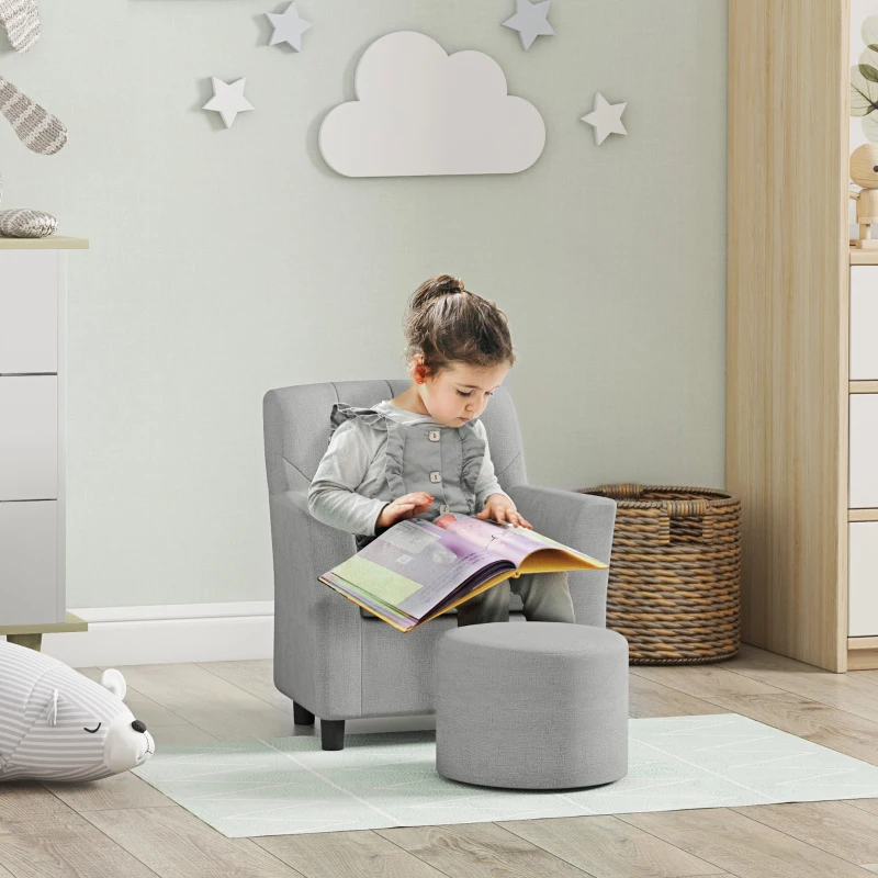 AIYAPLAY Kinderstoel met Poef, Rugleuning in Diamantpatroon, Zachte Zitplaats, Houten Frame, Grijs