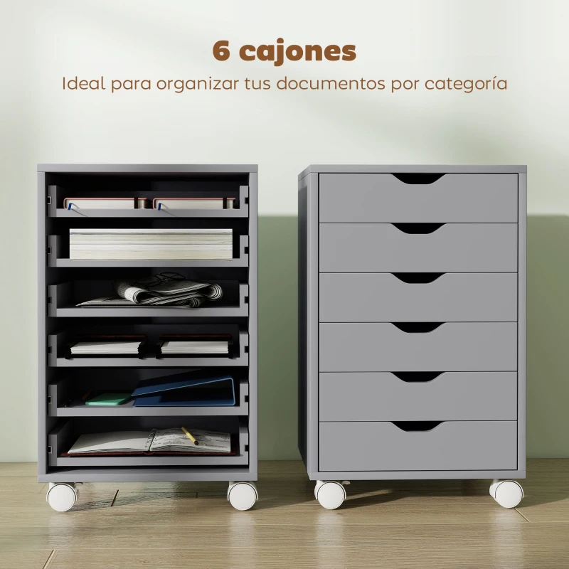 HOMCOM Cajonera Escritorio Archivador Móvil con 6 Cajones Ruedas Guías Deslizantes Silenciosas para Oficina Casa Gris