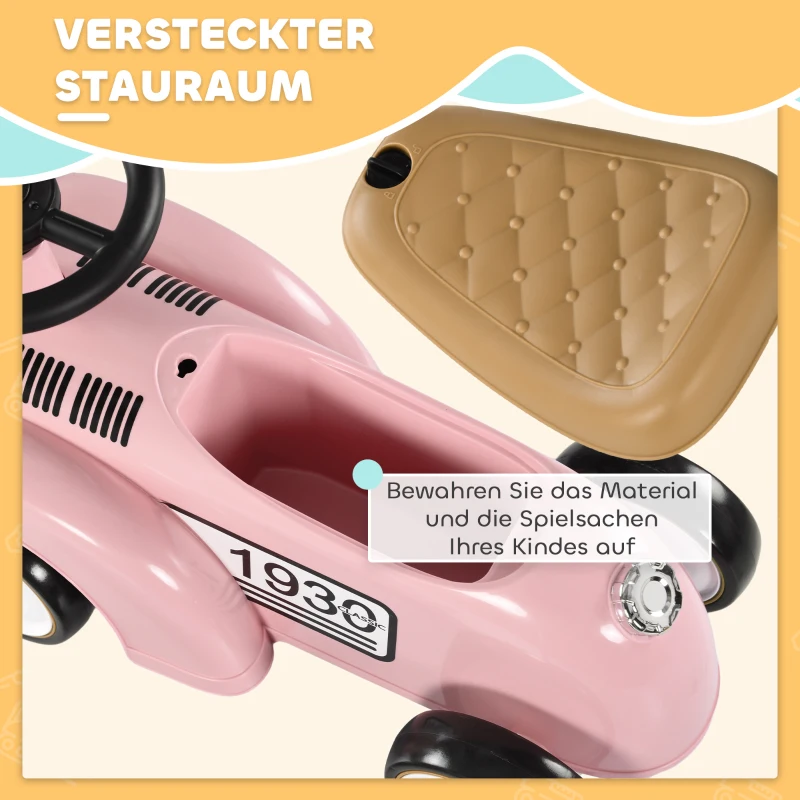 AIYAPLAY Kinder Glijauto, Vintage Ontwerp, Verborgen Opbergruimte, Kipbescherming, Toeter, 12-36 Maanden, Roze