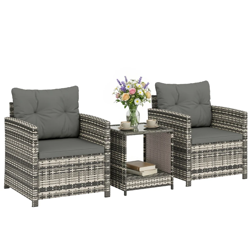 Outsunny Salon de Jardin Extérieur 3 Pièces en Résine Tressée Table et 2 Fauteuils avec Coussins, 62x65x75cm, Gris Clair