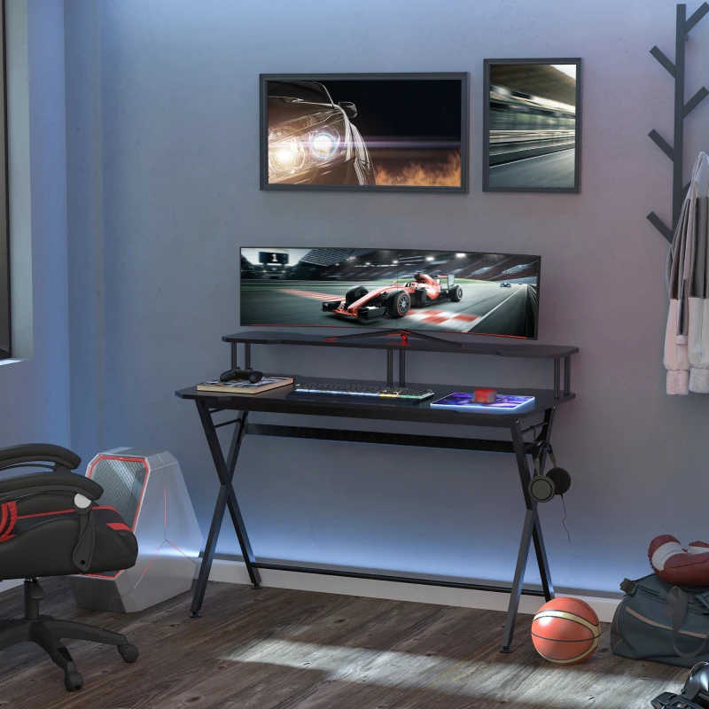 HOMCOM Mesa Gaming 140x60 cm Escritorio para Computadora PC con Estante Elevado para Monitor Gancho para Auriculares Negro