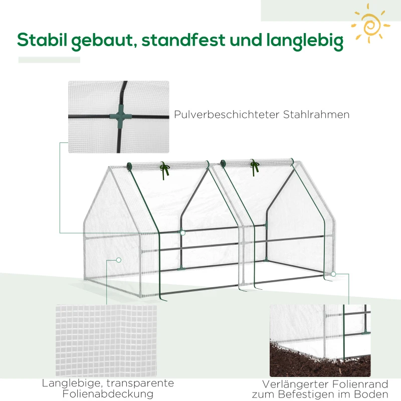 Outsunny Mini kas, broeikas, 2 ritssluitingdeuren, scheurbestendige folie, metalen frame, 1,8 x 1 x 1 m, wit.