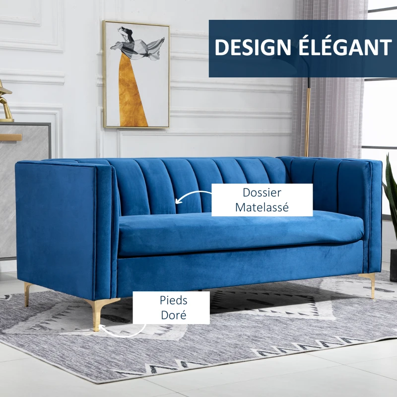 HOMCOM Canapé 3 Places Style Art Déco piètement Acier doré revêtement Velours Bleu