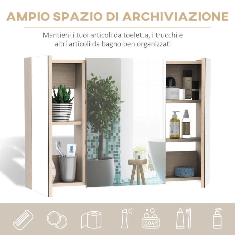 kleankin Specchio Bagno Contenitore con 3 Ante a Specchio Soft Close, Specchiera Bagno con Ripiani Regolabili in Legno e Vetro, 90x13.5x60 cm, Color Legno