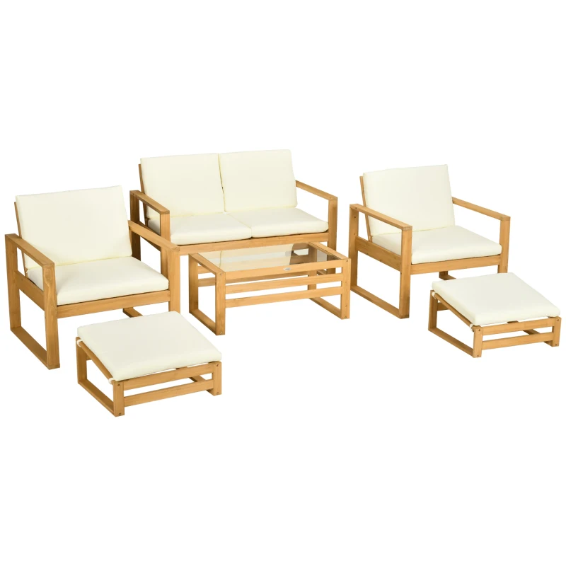 Outsunny Salon de Jardin en bois 6 pièces pour 4 personnes 2 fauteuils + 1 canapé + 1 table basse + 2 repose-pieds beige