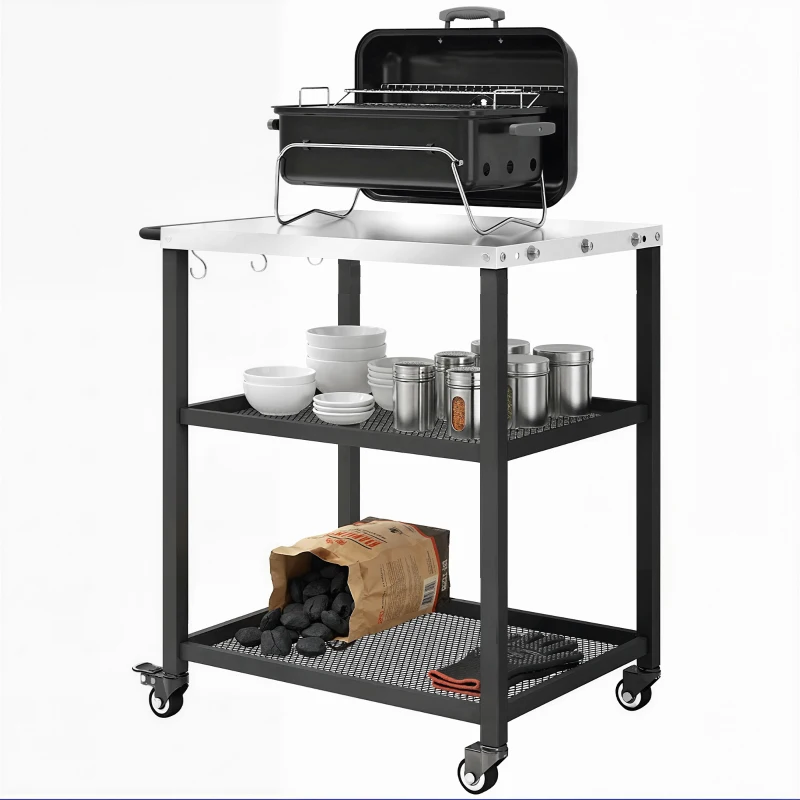 Outsunny Grillwagen 3-laags serveerwagen met verstelbaar werkblad, planken, haken en wielen 77 x 51 x 80 cm Zwart