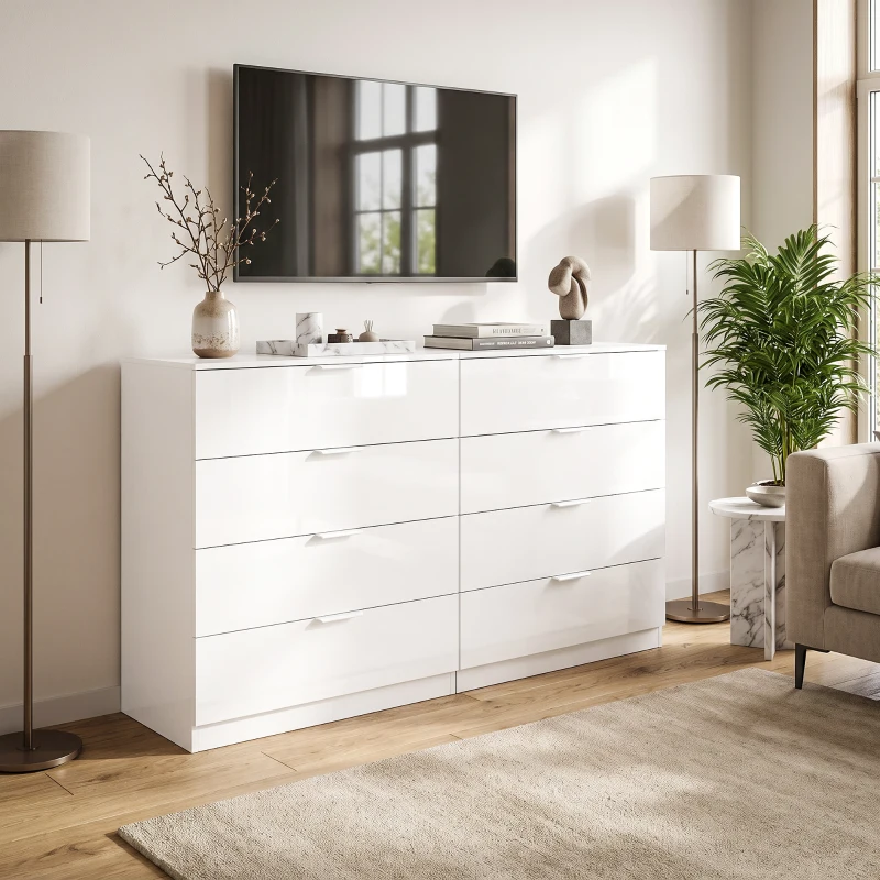 HOMCOM Cómoda Branca Brilhante com 4 Gavetas e Trilhos Deslizantes