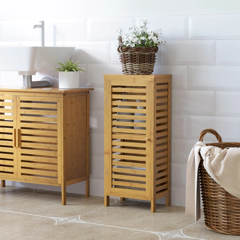 kleankin Badkamerkast met lamellendeur, verstelbare legplank, natuurlijk bamboe, 30x19,9x70 cm