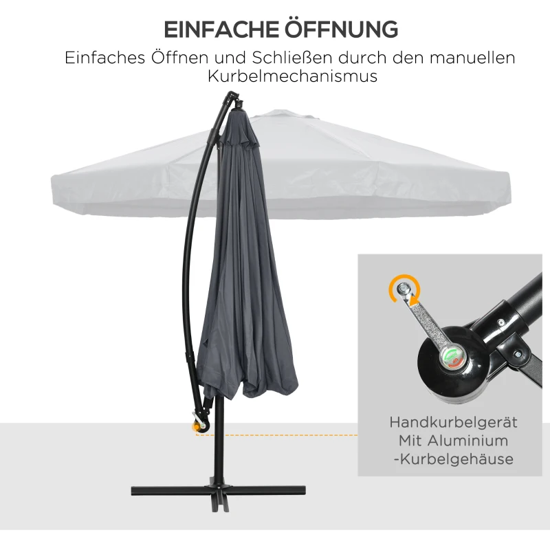 Outsunny Zweefparasol Ø3 m, draaibaar, met handslinger, roestvrij staal, polyester, donkergrijs/zwart