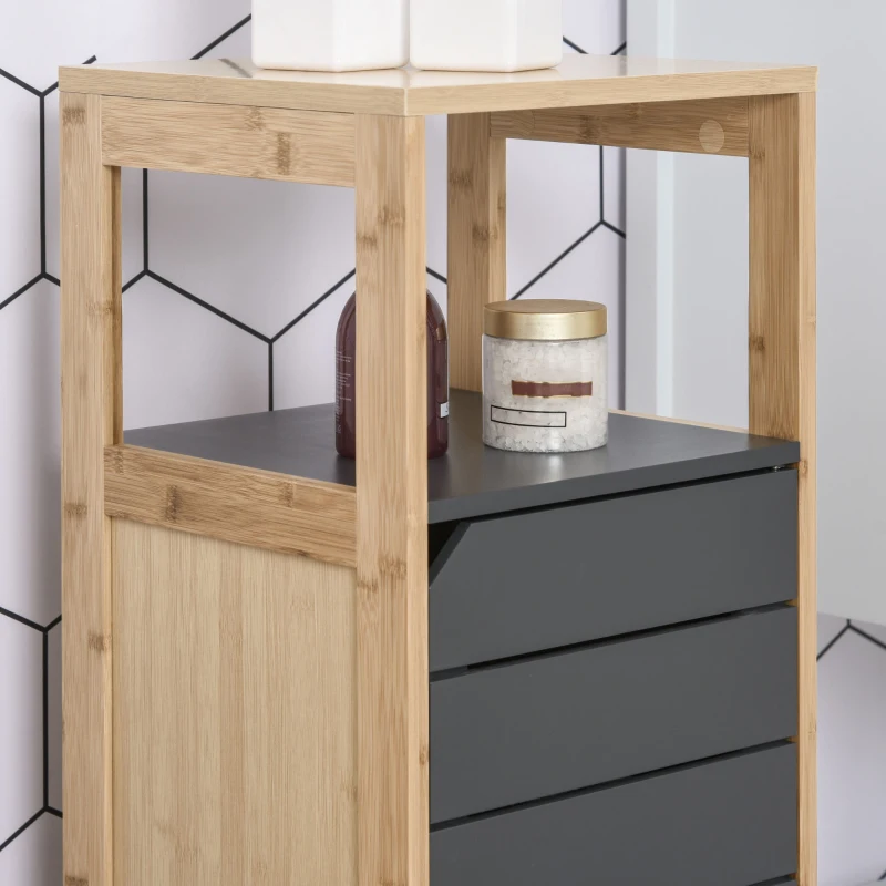 HOMCOM Mobiletto da Bagno Salvaspazio in Bambù, Armadietto da terra con Ripiano per Camera da letto, Grigio