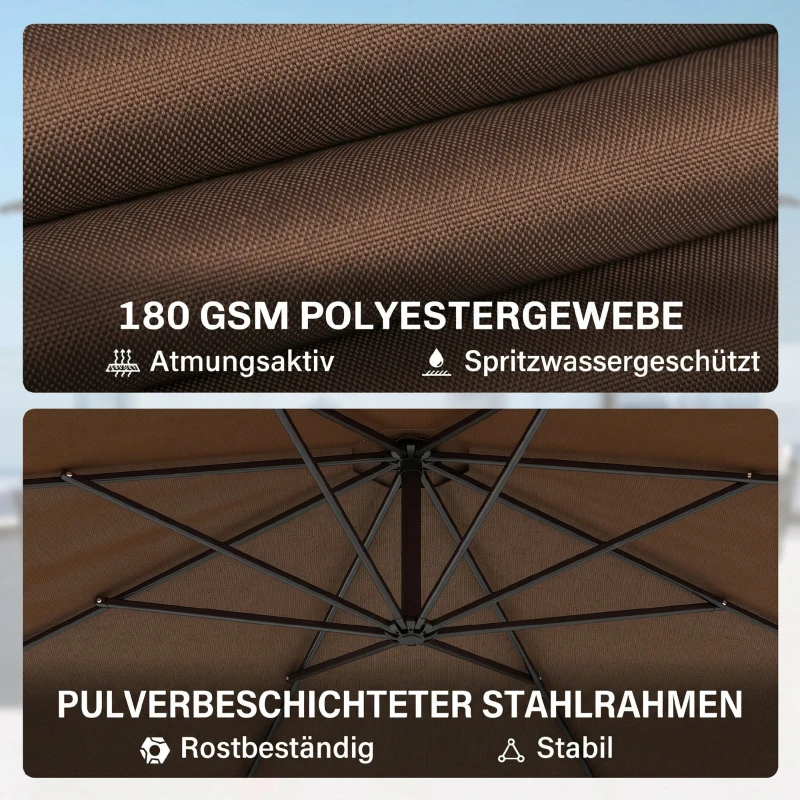 Outsunny afneembare parasol zweefparasol zwengelparasol met handkruk, koffie
