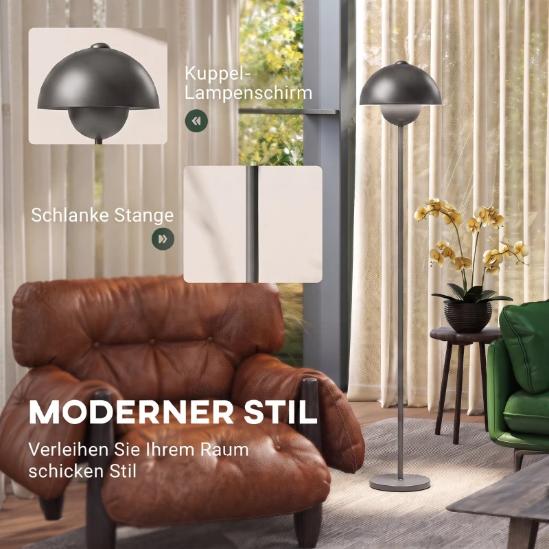 HOMCOM Vloerlamp met ronde kap, voetschakelaar, lang snoer, elegante look, metaal, grijs