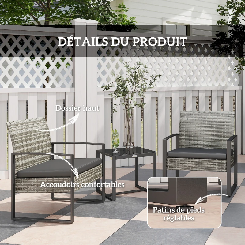 Outsunny Salon de jardin 3 pièces 2 chaises avec coussins + table basse plateau verre trempé résine tressée gris clair