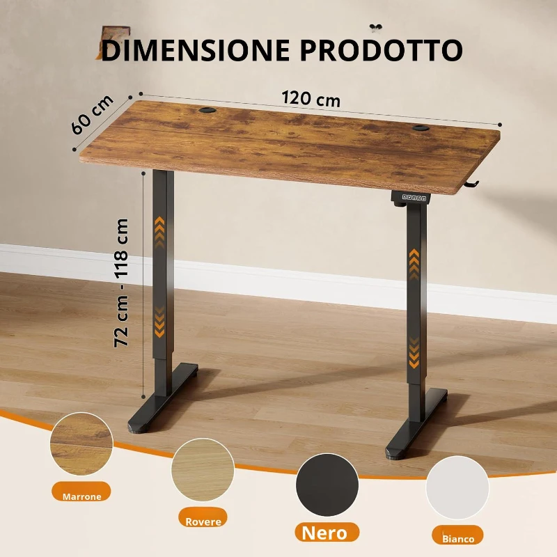 Scrivania regolabile in altezza elettricamente, motore silenzioso con memoria a 3 posizioni e sistema anti-collisione, 120L x 60P cm, 120x60x72-120 cm, Marrone