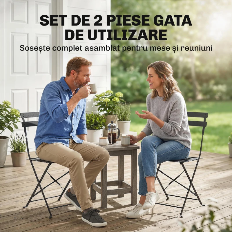 Outsunny Scaune de Grădină cu Cadru Metalic, Format din 2 Piese, Negre