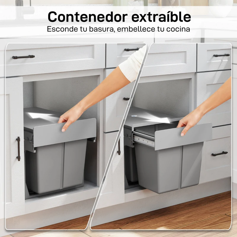 HOMCOM Cubo de Basura Extraíble bajo Fregadero con 3 Contenedores Capacidad Total 31L (15L+8Lx2) Fijación Inferior Gris Claro