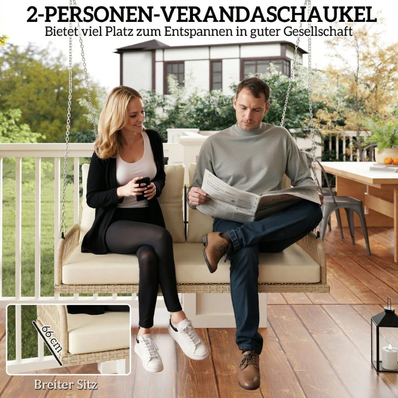 Outsunny Hollywoodschommel 2-Zits Rattan Tuinschommel met Kussens Ketens Tot 240 kg 115 x 66 x 44 cm Beige