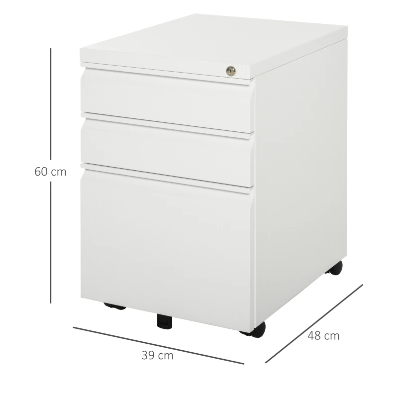 HOMCOM Rolcontainer met 3 lades – Mobiele archiefkast met wielen, afsluitbaar Bureau- en thuiskantoor kast met concave grepen, 39 x 48 x 60 cm,Wit