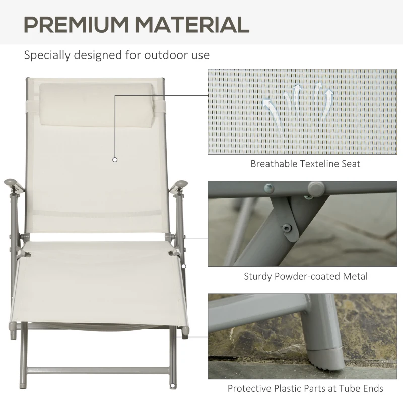 Outsunny Sun Lounger Steel Frame Outdoor Folding Chaise Texteline Lounge Chair Recliner with Headrest & 7 Levels Adjustable Backrest, Cream White